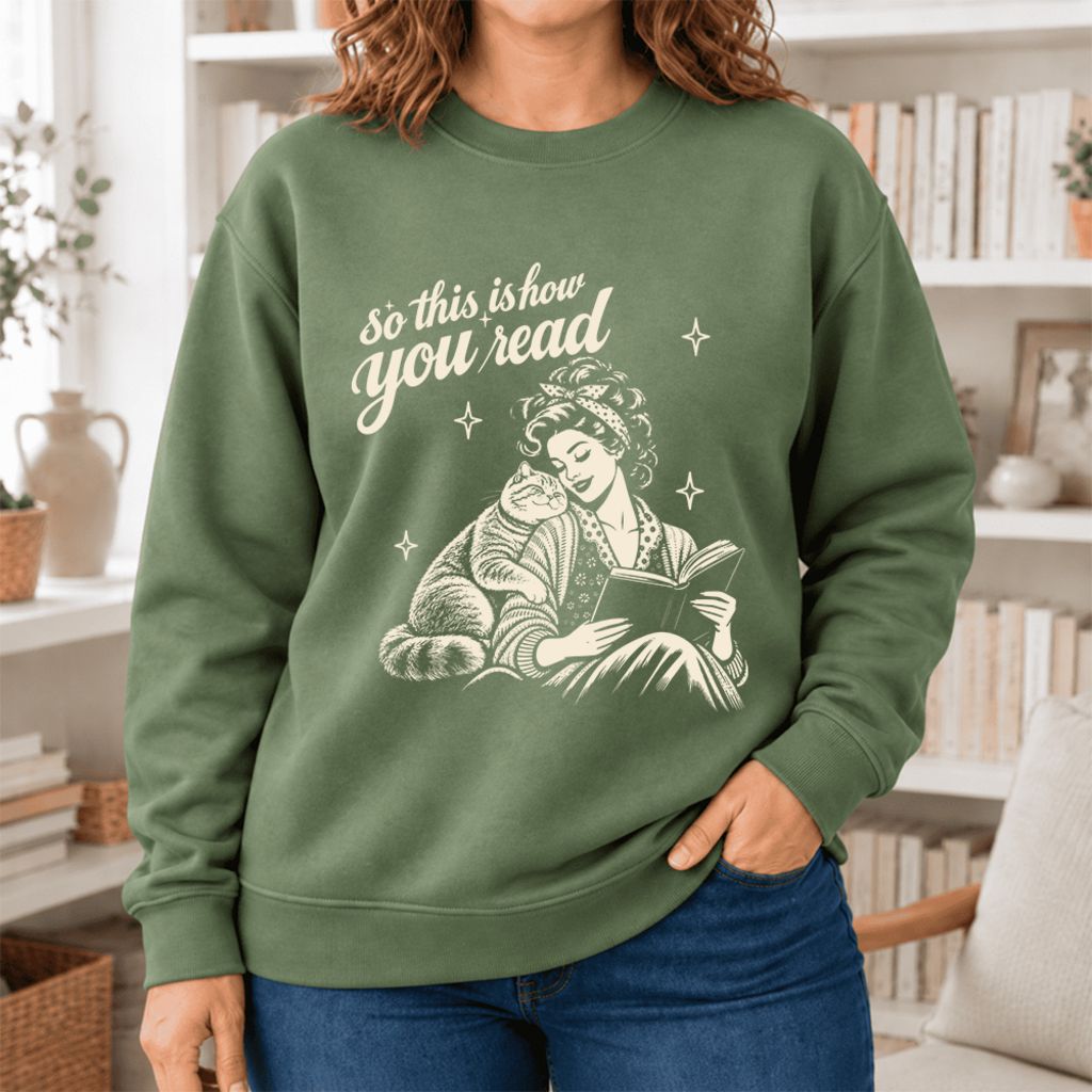 How You Read British Shorthair Softstyle Sweatshirt | Cozy Book & Cat Lover Gift Military Green