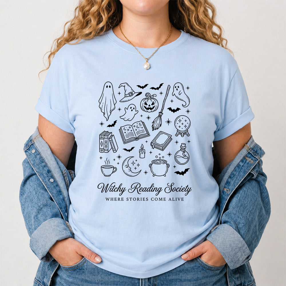 Witchy Reading Society Printed T-Shirt | Halloween Reader Gift Light Blue