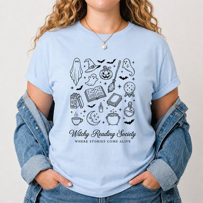 Witchy Reading Society Printed T-Shirt | Halloween Reader Gift Light Blue