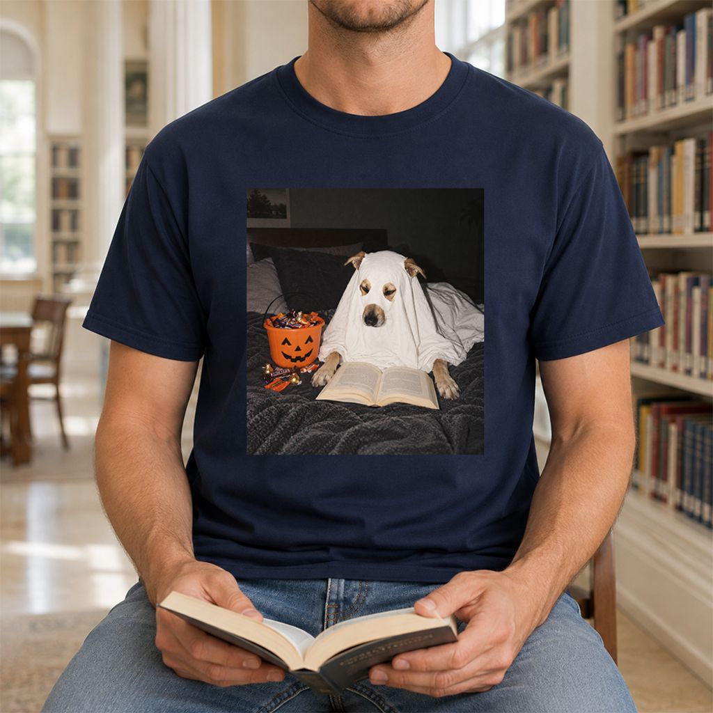 Cute Reading Ghost Dog Printed T-Shirt | Halloween Book Lover Gift Navy