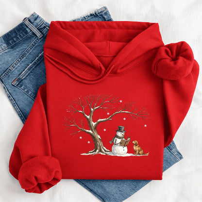 Golden Retriever And Snowman Under Tree Softstyle Hoodie | Christmas Reader Gift Red