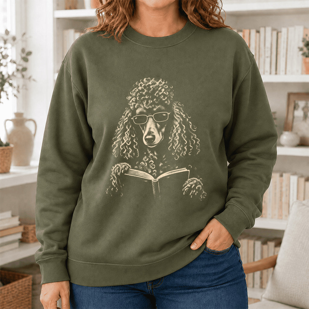 Poodle Reading Book Crewneck Sweatshirt | Reader Gift Military Green
