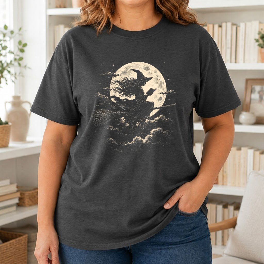 Reading Witch On The Flying Broom Printed T-Shirt | Halloween Book Lover Gift Dark Heather