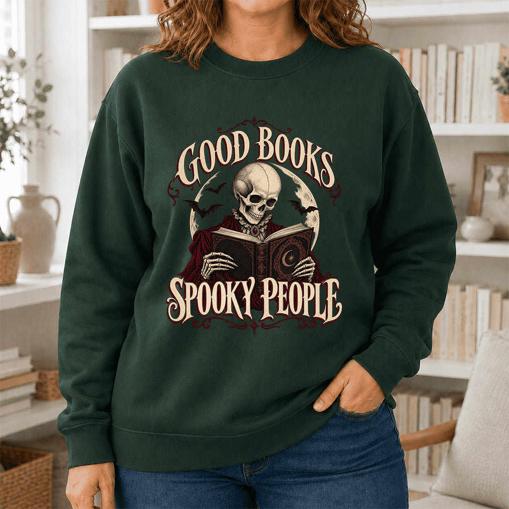 Good Books Spooky People Printed Sweatshirt | Halloween Book Lover Gift Forest Green