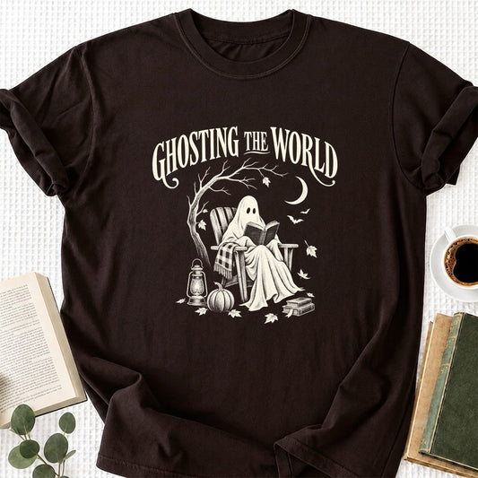 Ghosting The World Cotton T-Shirt | Halloween Book Lover Gift Dark Chocolate