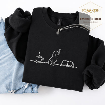Coffee Dogs And Books Embroidered Sweatshirt | Reader Gift Black