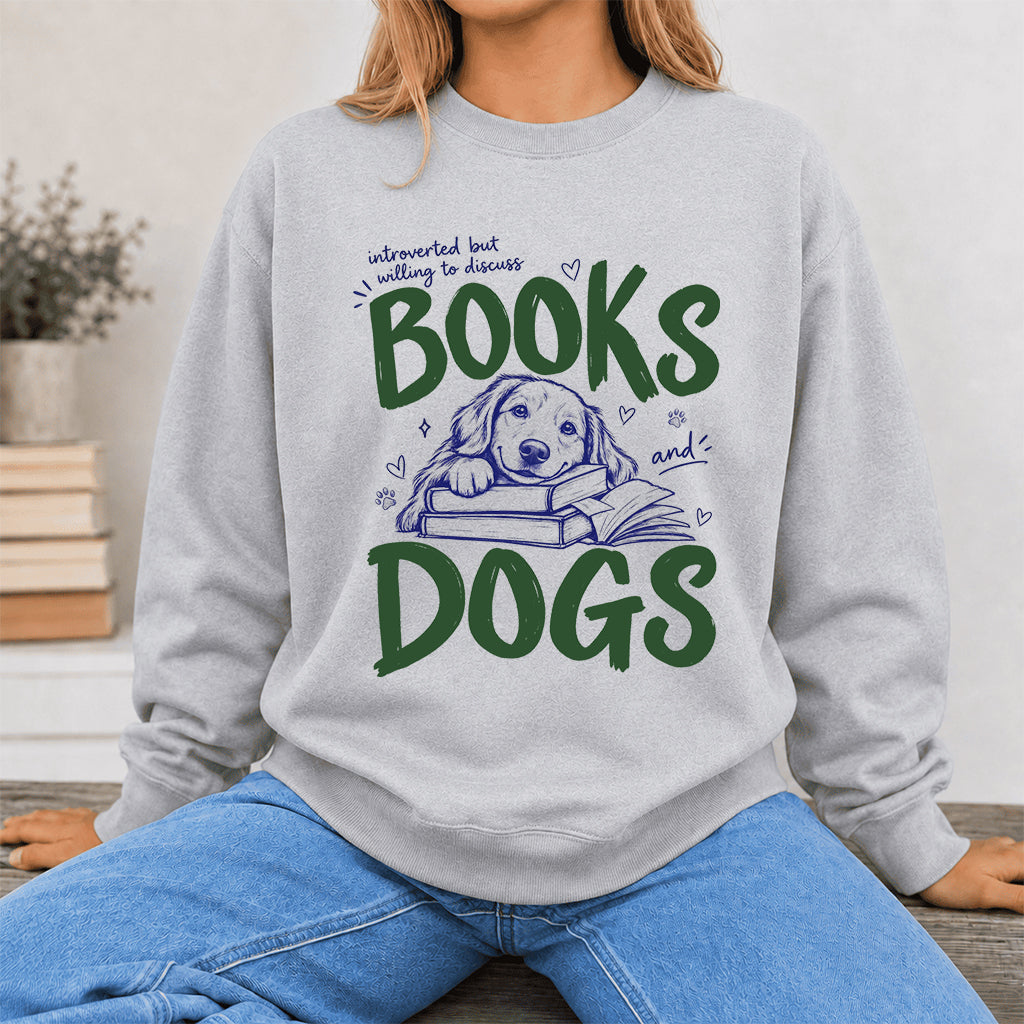 Introverted But Willing To Discuss Books And Dogs Crewneck Sweatshirt | Dog Lover & Reader Gift Sport Grey