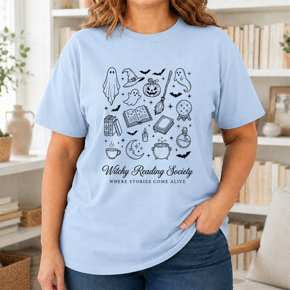 Witchy Reading Society Printed T-Shirt | Halloween Reader Gift Light Blue