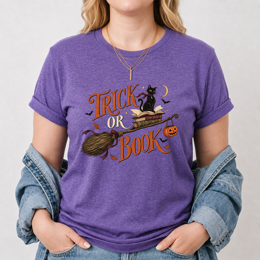 Trick Or Book Black Cat Printed T-Shirt | Halloween Book Lover Gift Heather Purple