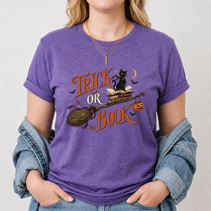 Trick Or Book Black Cat Printed T-Shirt | Halloween Book Lover Gift Heather Purple