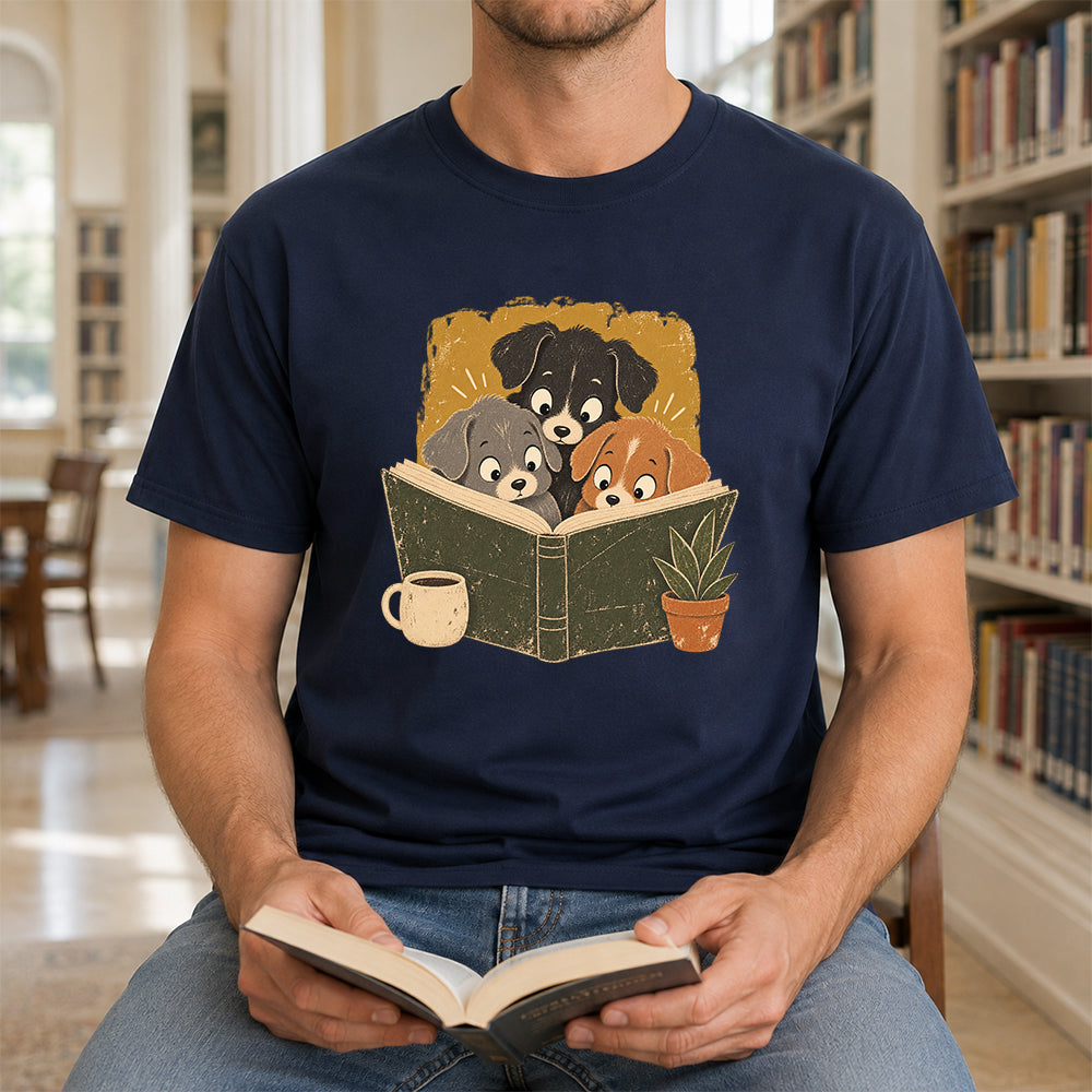 Minimal Japanese Dogs Reading Softstyle T-Shirt | Book Lover Gift Navy