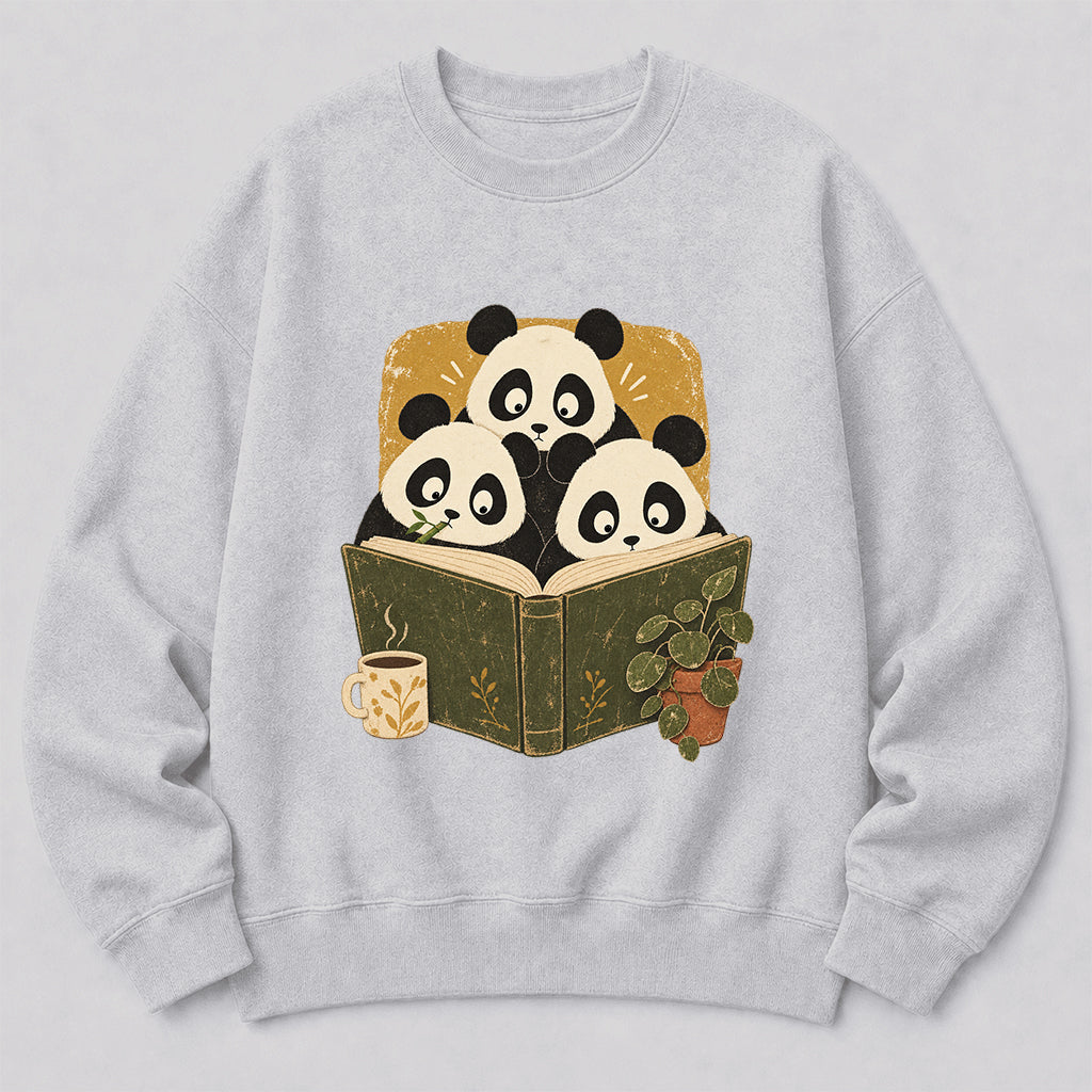 Curious Pandas Reading Crewneck Sweatshirt | Panda Lover & Reader Gift Sport Grey