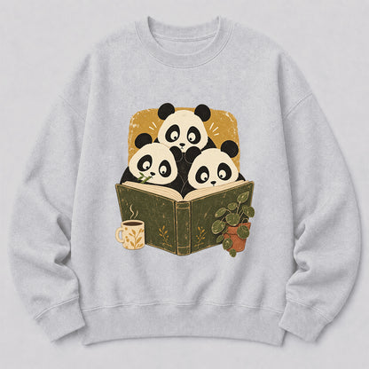 Curious Pandas Reading Crewneck Sweatshirt | Panda Lover & Reader Gift Sport Grey