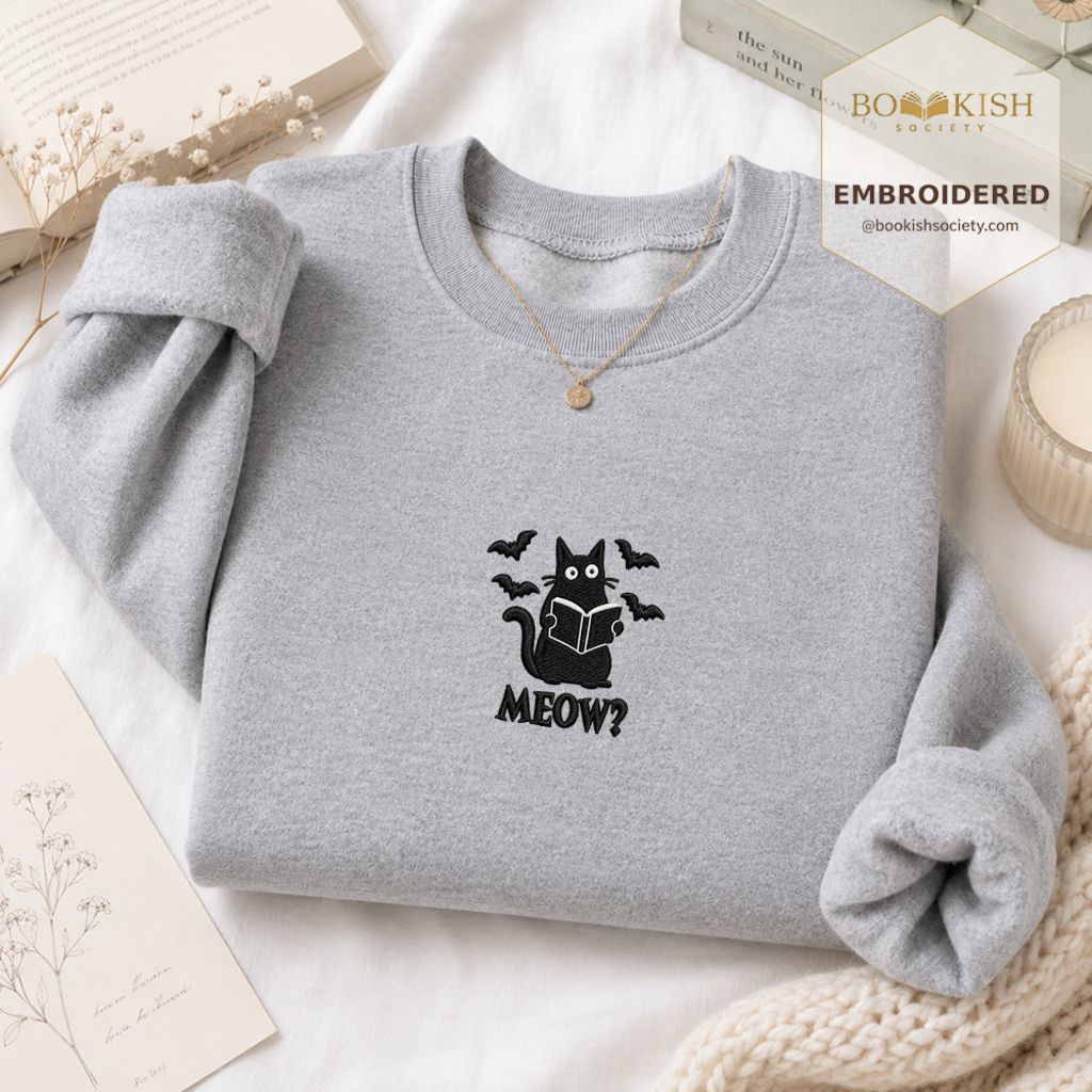 Halloween Meow Embroidered Sweatshirt | Spooky Book Lover Gift Sport Grey
