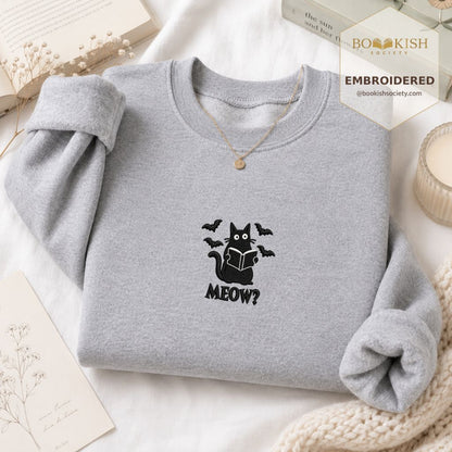 Halloween Meow Embroidered Sweatshirt | Spooky Book Lover Gift Sport Grey