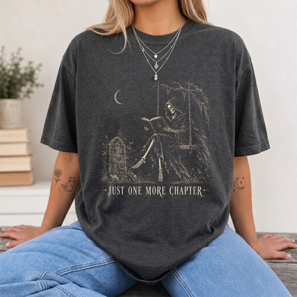 Just One More Chapter Grim Reaper Printed T-Shirt | Spooky Halloween Reader Gift Dark Heather