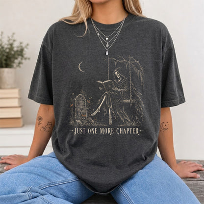 Just One More Chapter Grim Reaper Printed T-Shirt | Spooky Halloween Reader Gift Dark Heather