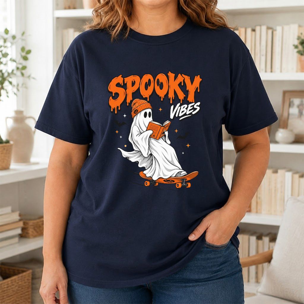 Spooky Vibes Printed T-Shirt | Halloween Book Lover Gift Navy