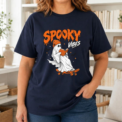 Spooky Vibes Printed T-Shirt | Halloween Book Lover Gift Navy