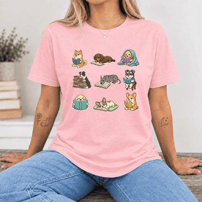 Funny Reading Dogs Ultra-Soft Cotton T-Shirt | Dog Mom Reader Gift Pink