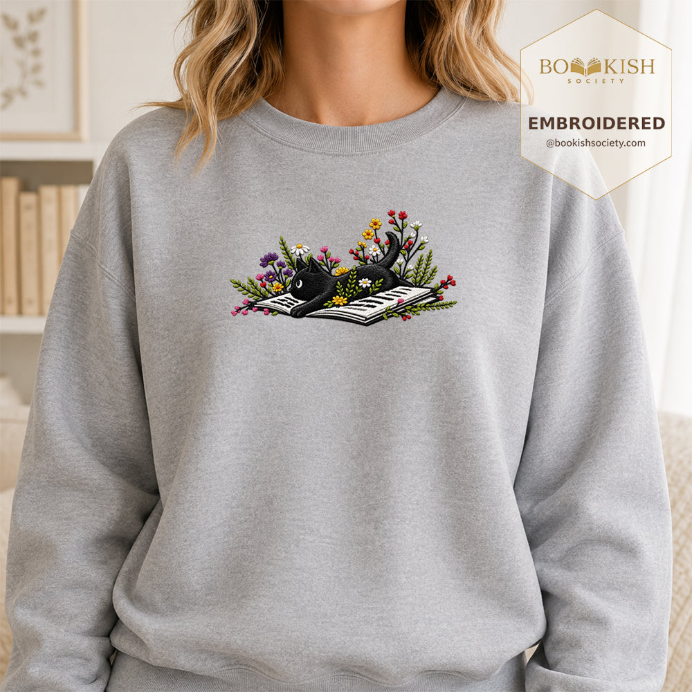 Cat and Book Embroidered Sweatshirt | Reader Gift Sport Grey