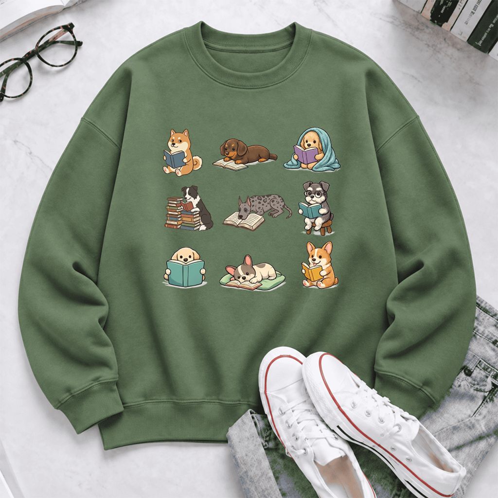 Funny Reading Dogs Embroidered Sweatshirt | Dog Mom Reader Gift Military Green