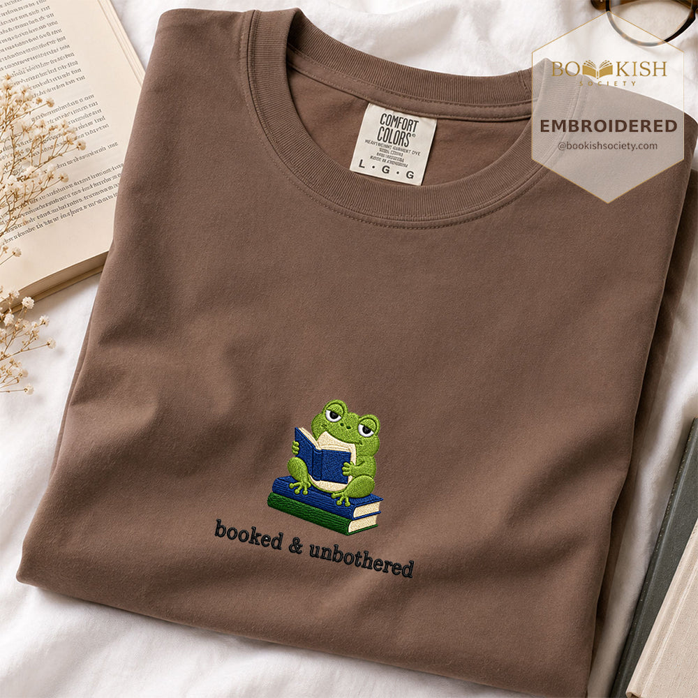 Booked and Unbothered Embroidered Comfort Color® T-shirt | Book Lover Gift Espresso