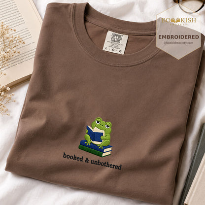 Booked and Unbothered Embroidered Comfort Color® T-shirt | Book Lover Gift Espresso