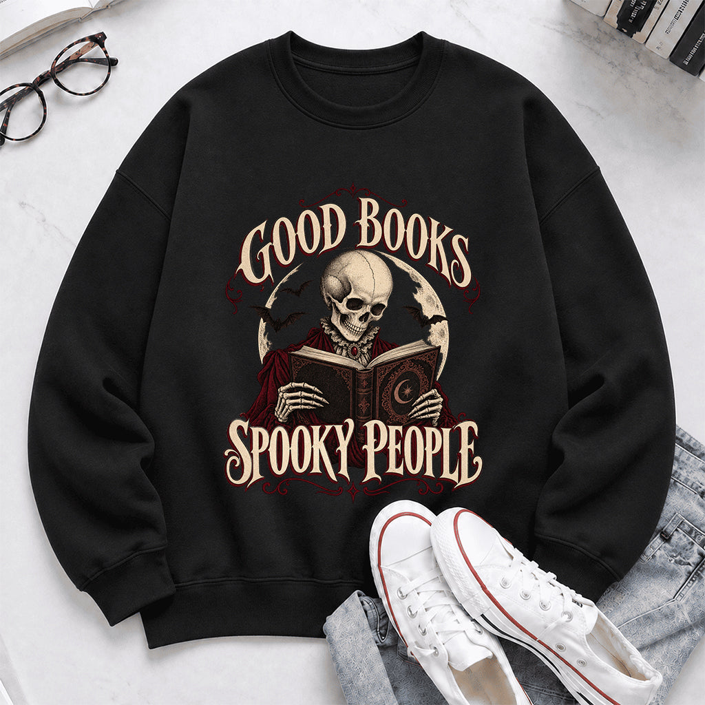 Good Books Spooky People Printed Sweatshirt | Halloween Book Lover Gift Black