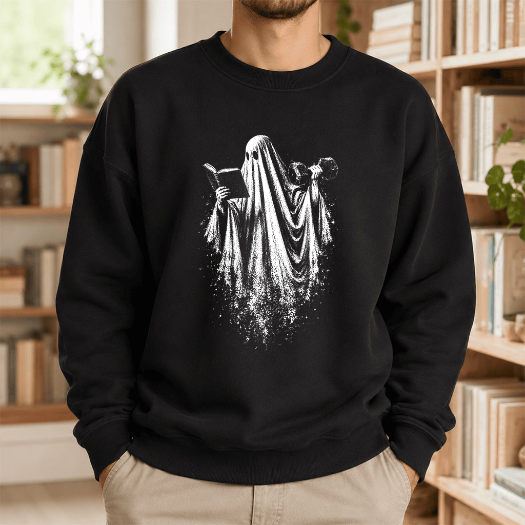 Reading Gym Ghost Printed Sweatshirt | Halloween Book Lover Gift Black