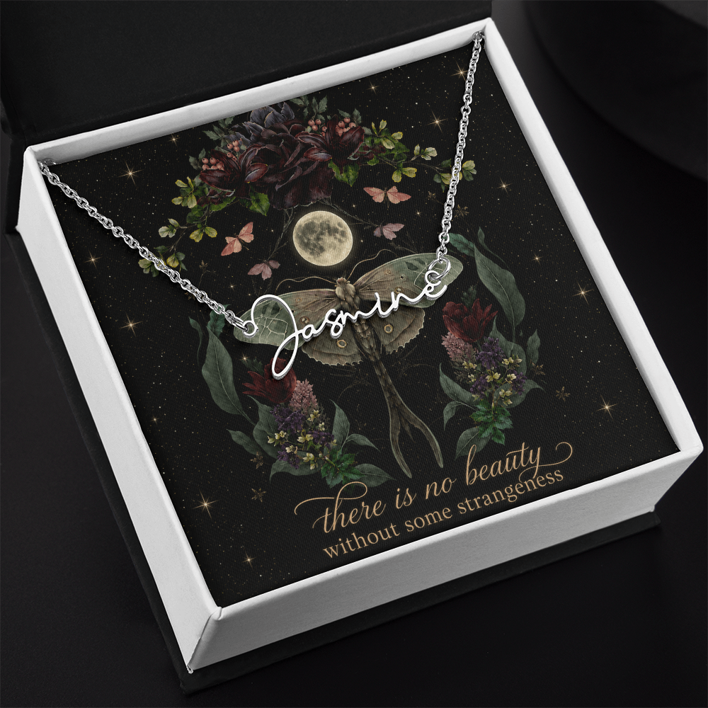 Night Garden With Lunar Moth Custom Name Polished Stainless Steel Necklace With Decorative Card And Box Book Lover Gift Font 2