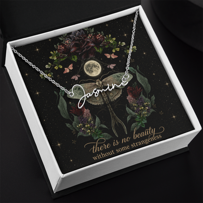 Night Garden With Lunar Moth Custom Name Polished Stainless Steel Necklace With Decorative Card And Box Book Lover Gift Font 2