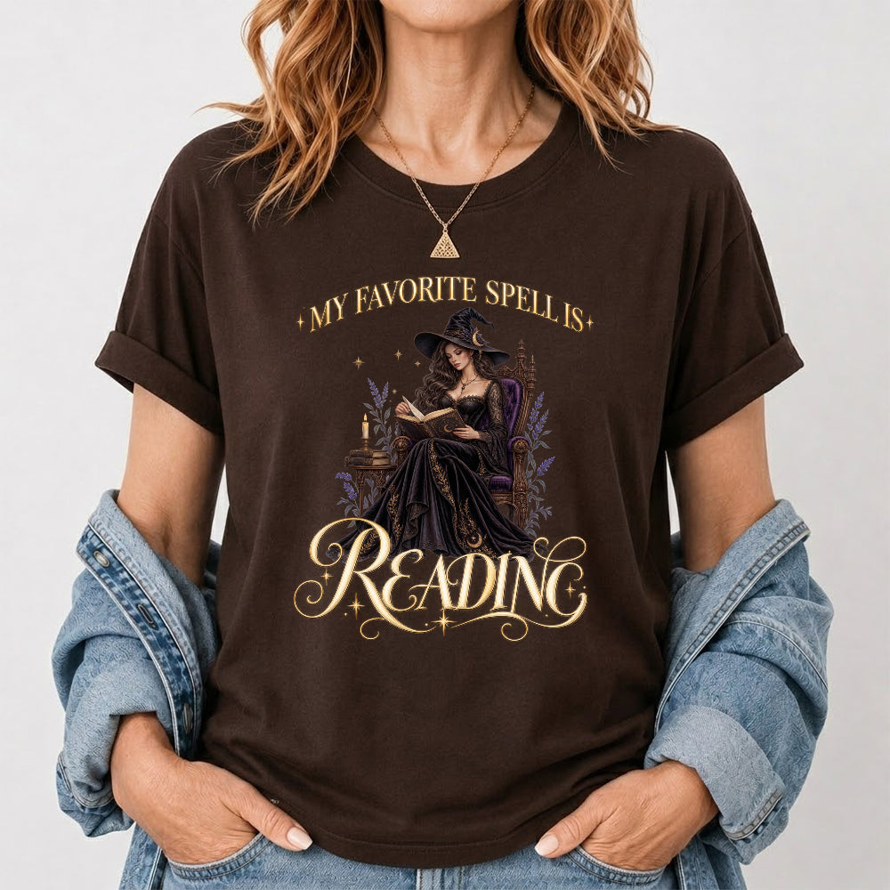My Favorite Spell Is Reading Printed T-Shirt | Halloween Fantasy Book Lover Gift Dark Chocolate