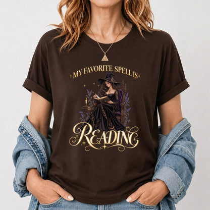 My Favorite Spell Is Reading Printed T-Shirt | Halloween Fantasy Book Lover Gift Dark Chocolate