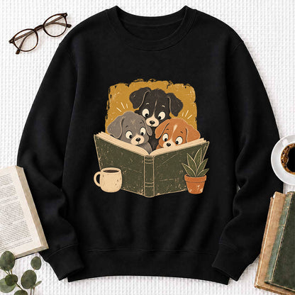 Minimal Japanese Dogs Reading Crewneck Sweatshirt | Reader Gift Black