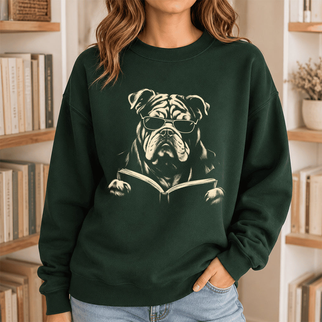 Bulldog Reading Book Crewneck Sweatshirt | Reader Gift Forest Green