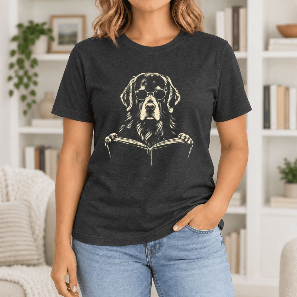Golden Retriever Reading Book Ultra-Soft Cotton T-Shirt | Dog Mom Reader Gift Black Heather