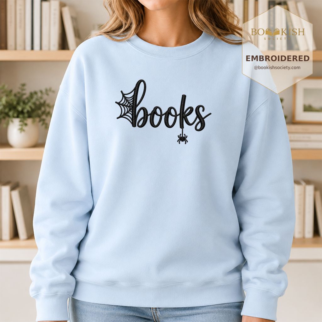 Halloween Books Embroidered Sweatshirt | Spooky Book Lover Gift Light Blue