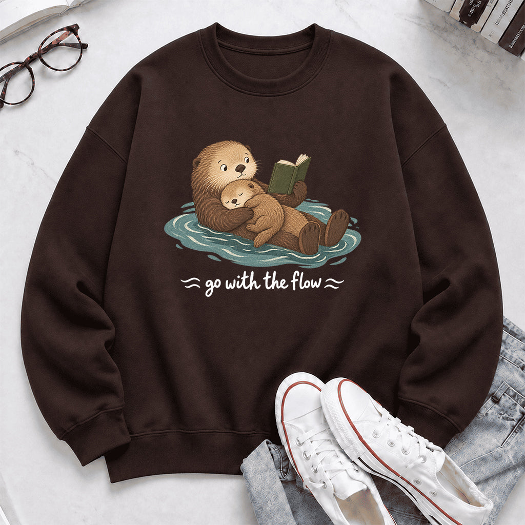 Go With The Flow Otter Reading Crewneck Sweatshirt | Reader Gift Dark Chocolate
