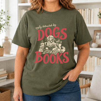 Easily Distracted By Dogs And Books Softstyle T-Shirt | Book Lover Gift Military Green