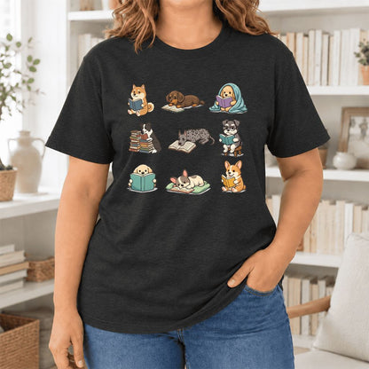 Funny Reading Dogs Ultra-Soft Cotton T-Shirt | Dog Mom Reader Gift Black Heather