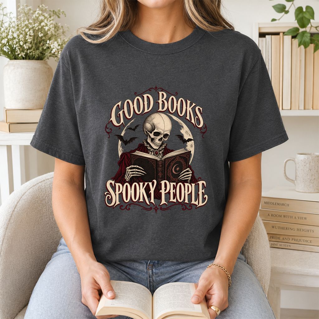 Good Books Spooky People Printed T-Shirt | Halloween Book Lover Gift Dark Heather