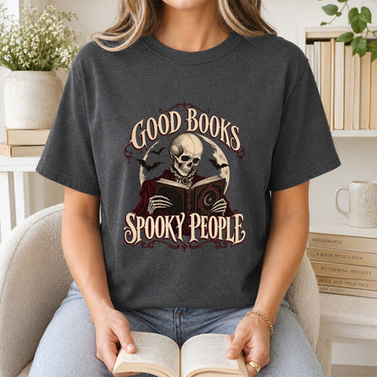 Good Books Spooky People Printed T-Shirt | Halloween Book Lover Gift Dark Heather