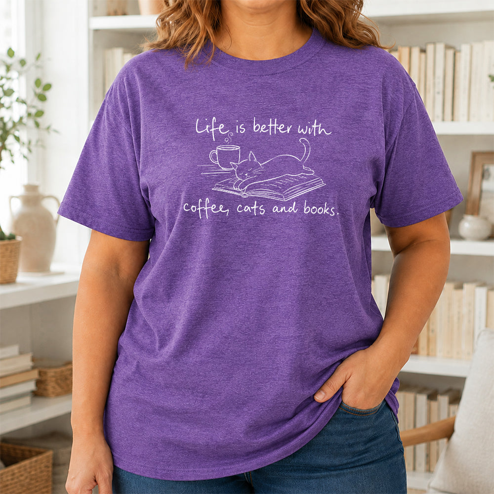 Funny Cats and Books Design Softstyle T-Shirt | Book Lover Gift Heather Purple