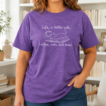 Funny Cats and Books Design Softstyle T-Shirt | Book Lover Gift Heather Purple