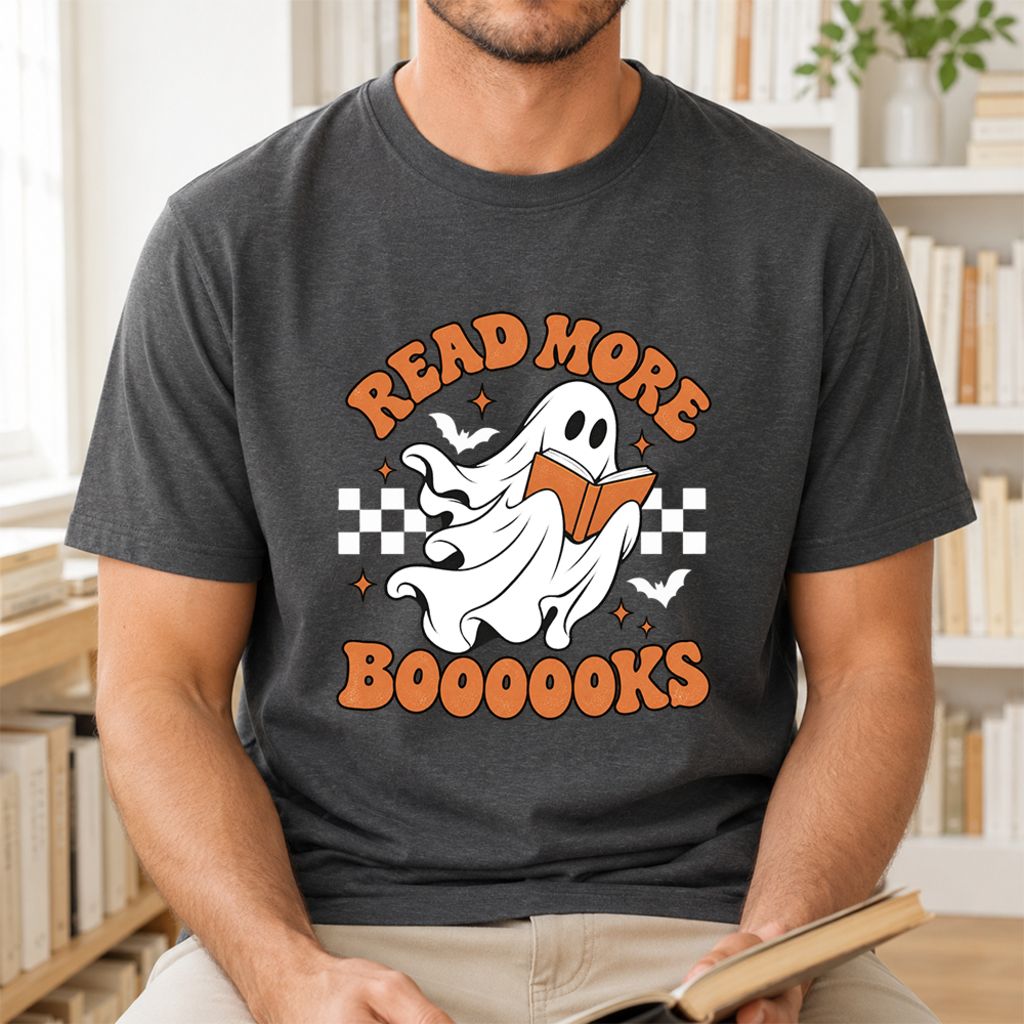 Read More Books Flying Ghost Printed T-Shirt | Halloween Book Lover Gift Dark Heather
