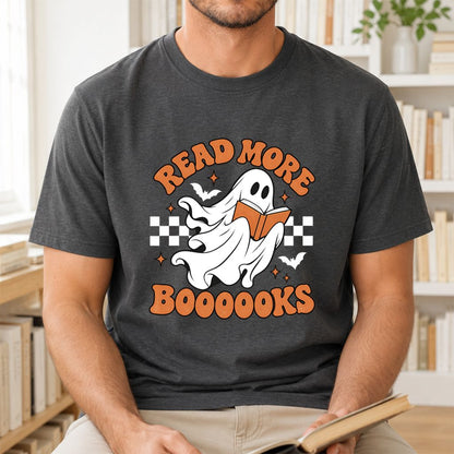 Read More Books Flying Ghost Printed T-Shirt | Halloween Book Lover Gift Dark Heather