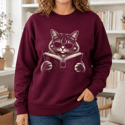 Cat Reading Book Crewneck Sweatshirt | Reader Gift Maroon