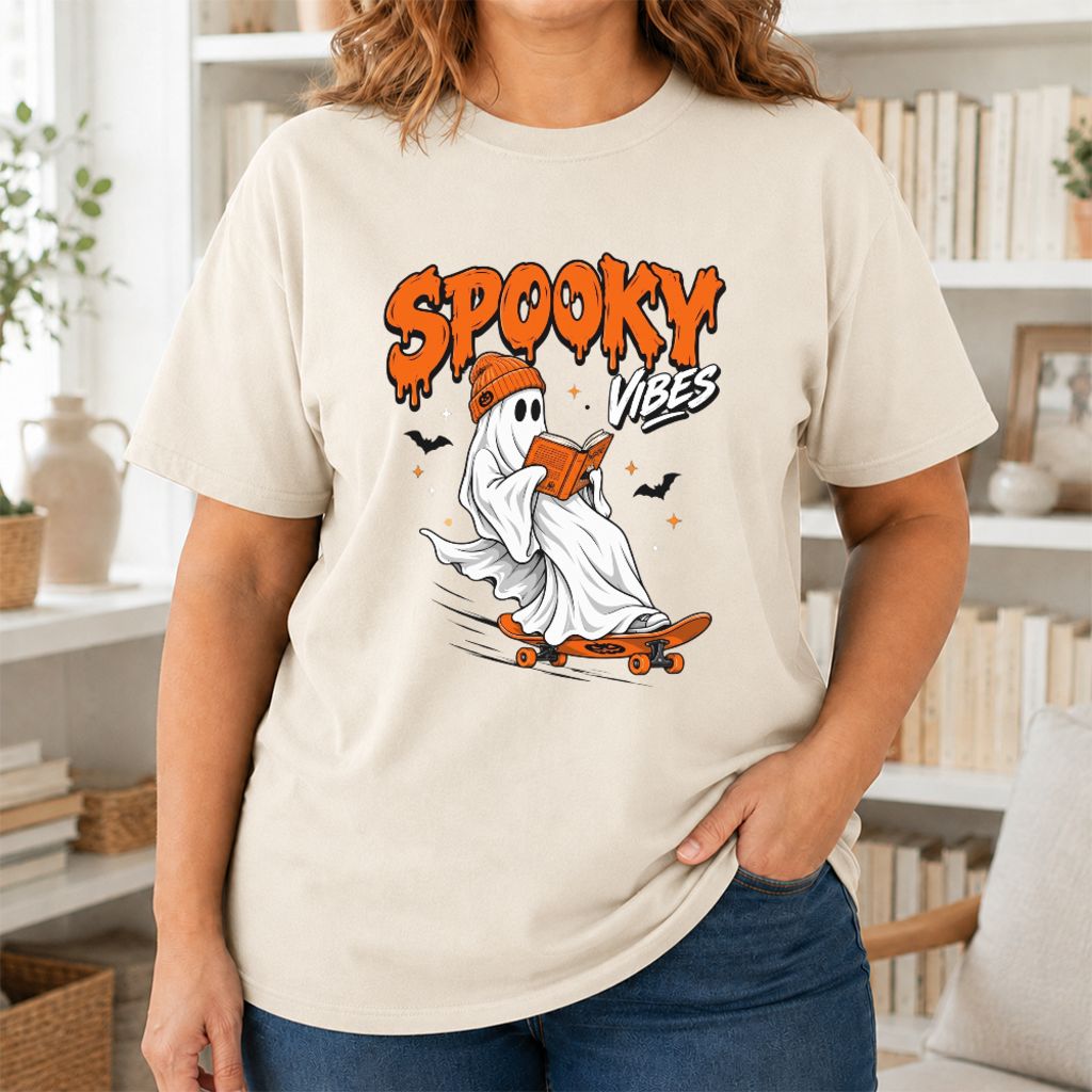 Spooky Vibes Printed T-Shirt | Halloween Book Lover Gift Natural