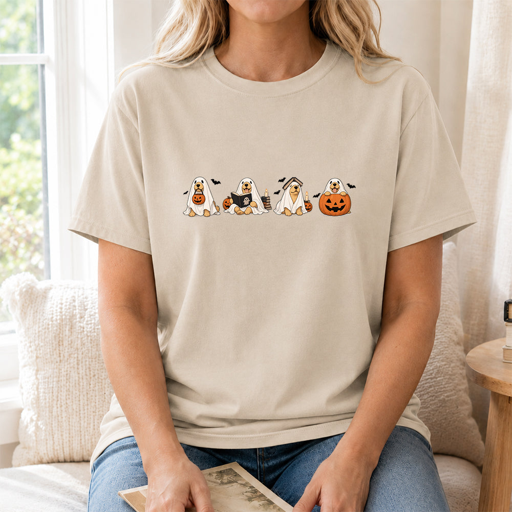 Spooky Golden Retrievers Book Club Printed T-Shirt | Halloween Book Lover Gift Sand